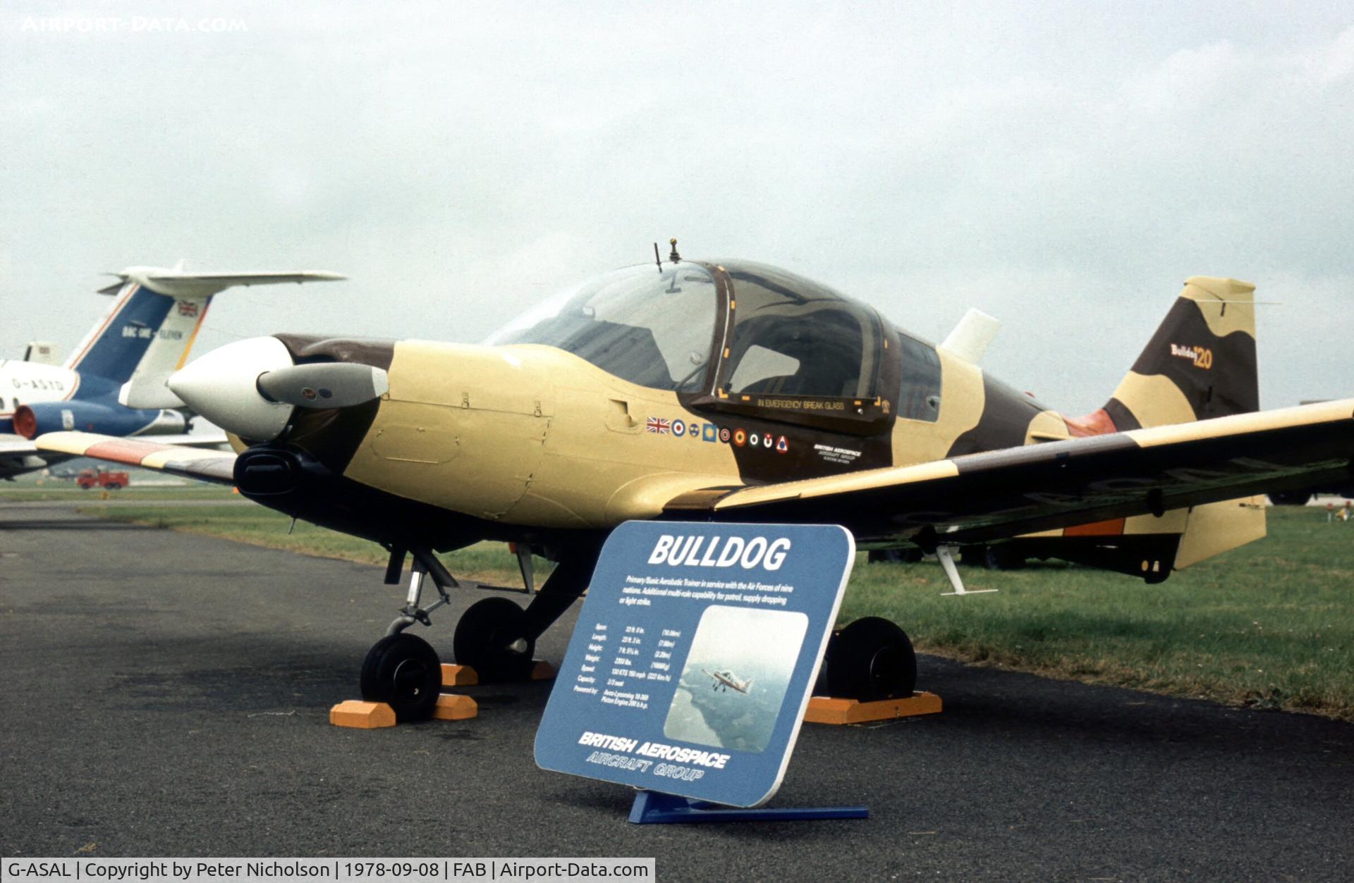 G-ASAL, 1973 Scottish Aviation Bulldog Series 120 Model 124 C/N BH120/239, Bulldog 124 demonstrator at the 1978 Farnborough Airshow.