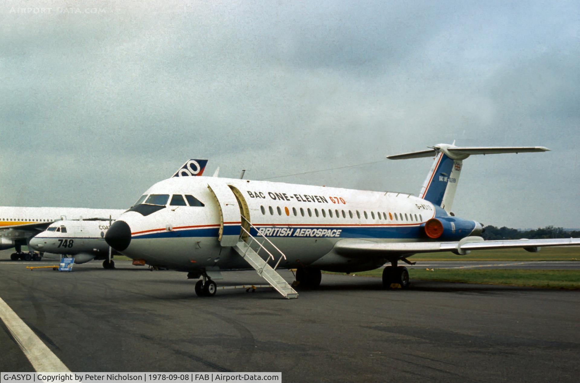 G-ASYD, 1965 BAC 111-475AM One-Eleven C/N BAC.053, BAC's Series 670 development aircraft at the 1978 Farnborough Airshow.