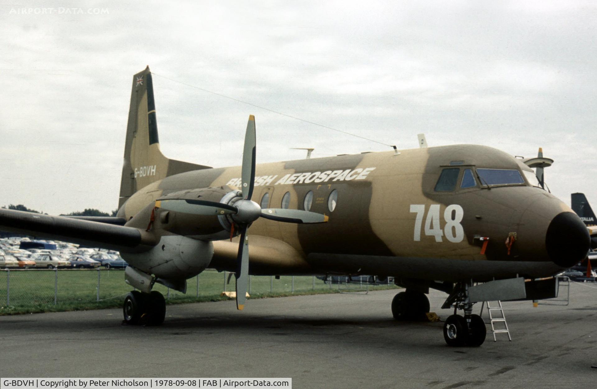G-BDVH, 1976 Hawker Siddeley HS.748 Series 2A C/N 1746, Company demonstrator at the 1978 Farnborough Airshow.