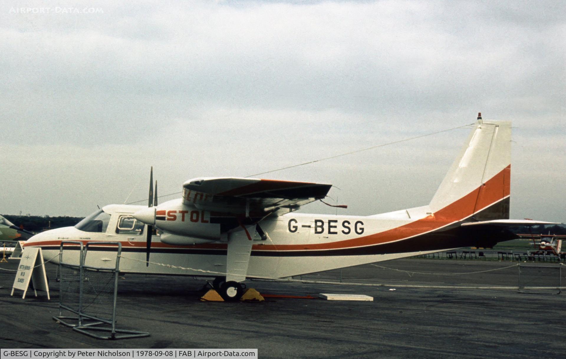 G-BESG, 1977 Britten-Norman BN-2A-26 Islander C/N 846, Britten-Norman's development Islander was on display at the 1978 Farnborough Airshow.