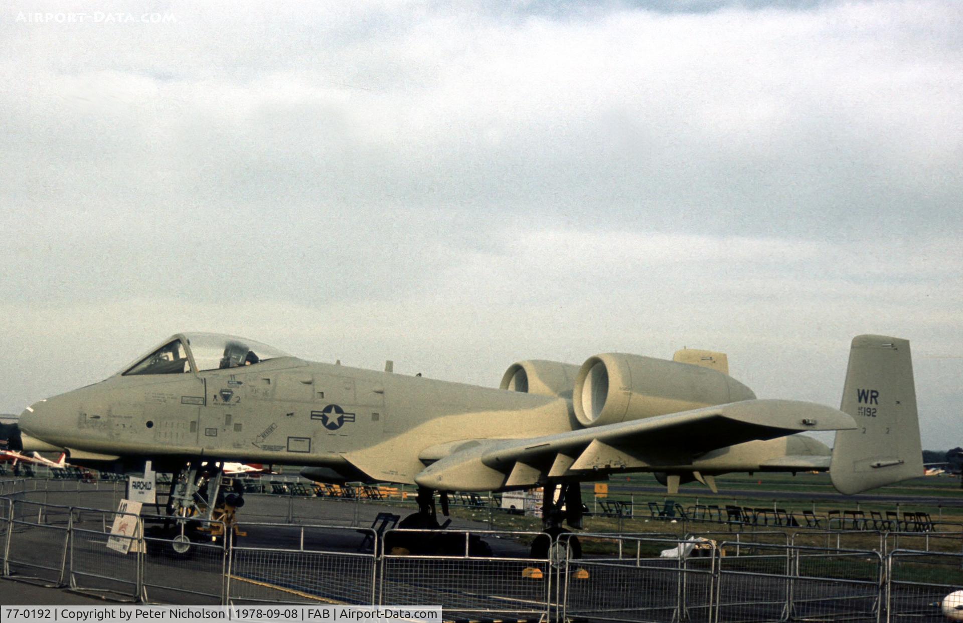 77-0192, 1977 Fairchild Republic A-10A Thunderbolt II C/N A10-0117, A-10A Thunderbolt of 81st Tactical Fighter Wing on display at the 1978 Farnborough Airshow.