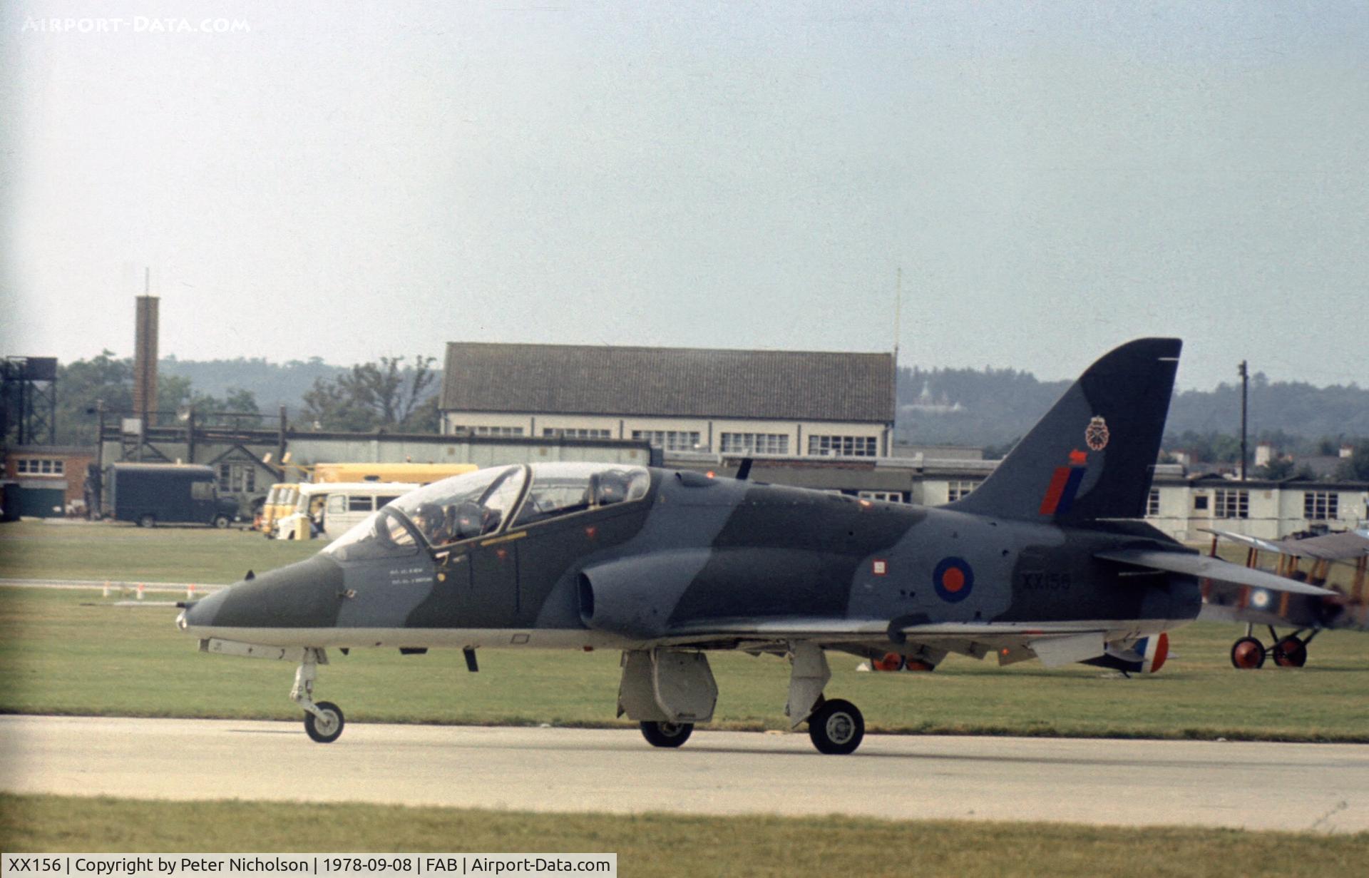 XX156, 1977 Hawker Siddeley Hawk T.1 C/N 002/312002, Third production Hawk T.1 assigned to the Aircraft & Armament Experimental Establishment on display at the 1978 Farnborough Airshow.