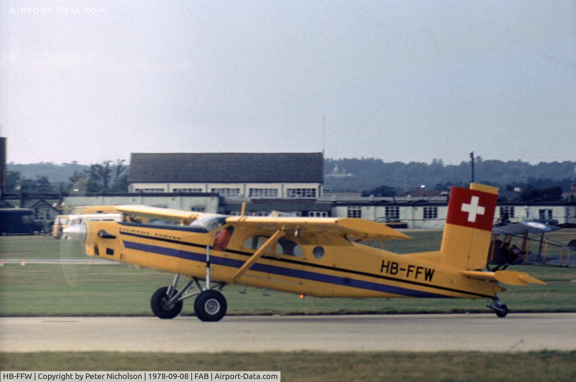 HB-FFW, Pilatus PC-6 Turbo Porter C/N 735, As in 1976, this Turbo Porter was displayed at the 1978 Farnborough Airshow.