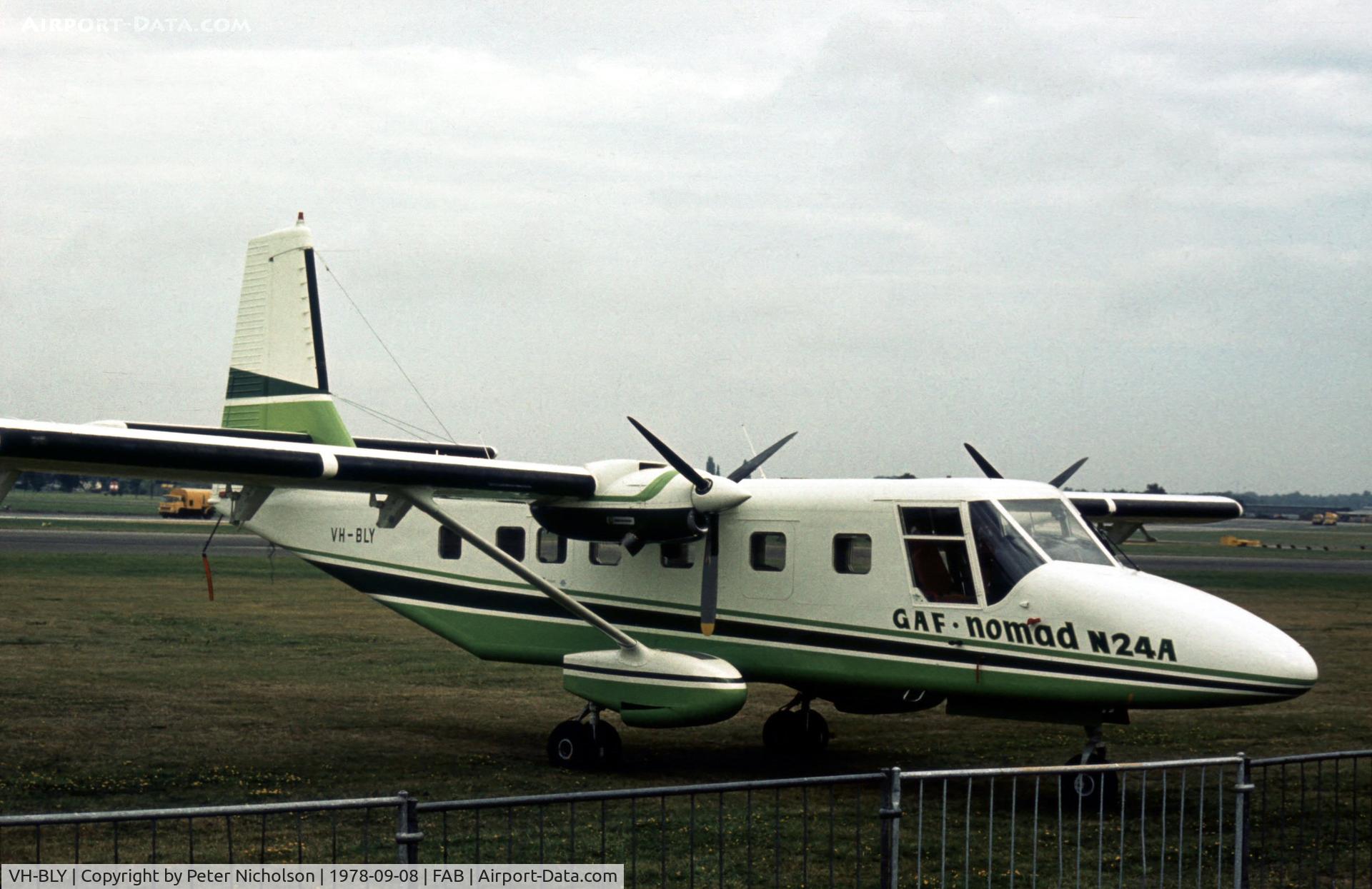 VH-BLY, 1977 GAF N24A Nomad C/N N24A-46, Nomad N24A on display at the 1978 Farnborough Airshow.