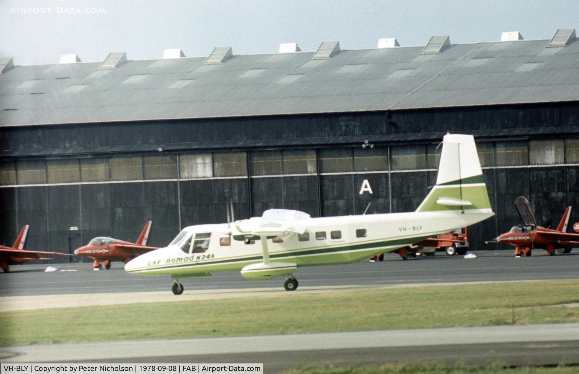 VH-BLY, 1977 GAF N24A Nomad C/N N24A-46, Another view of the Nomad N24A displayed at the 1978 Farnborough Airshow.
