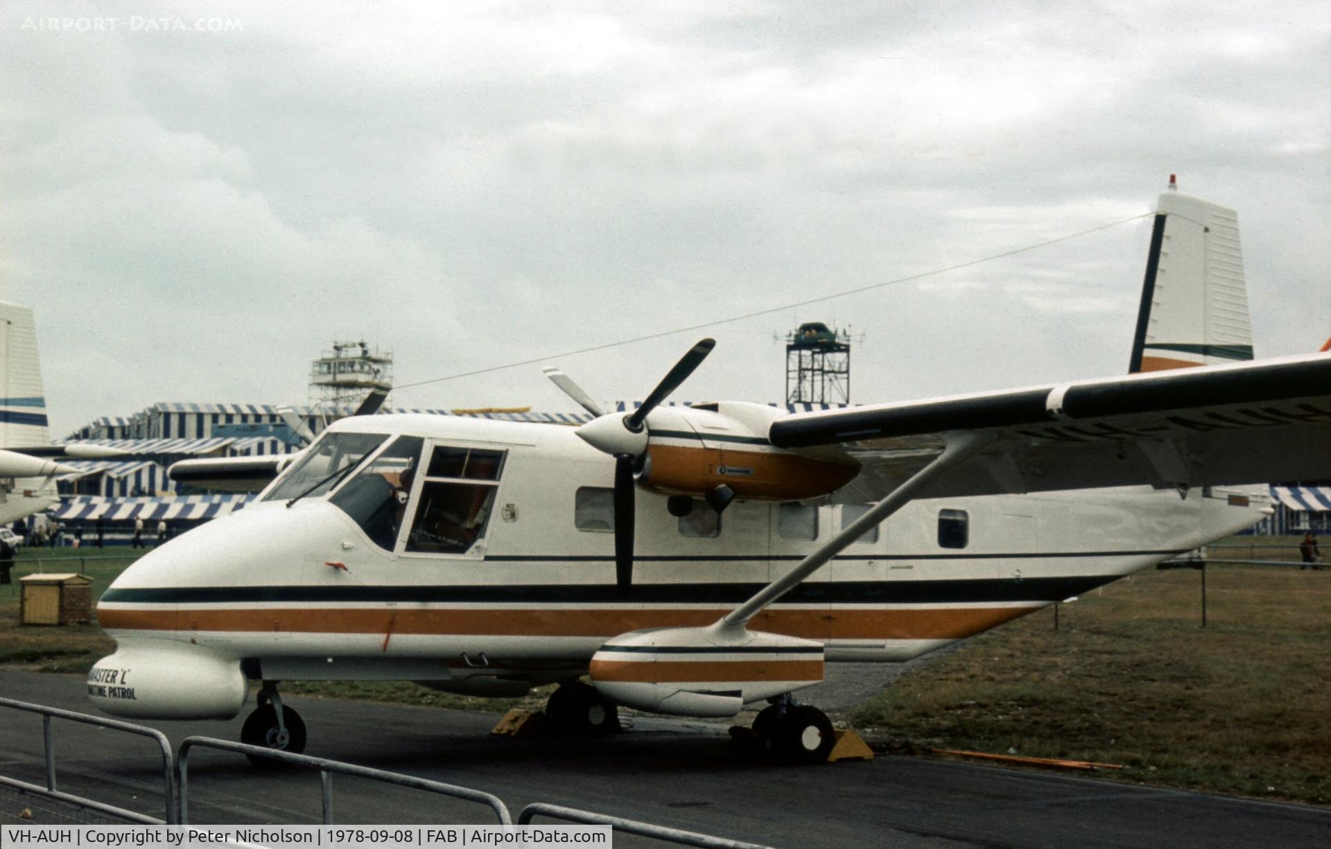 VH-AUH, GAF N22B Nomad C/N N22B-4, Nomad Searchmaster conversion of Nomad N22B on display at the 1978 Farnborough Airshow.
