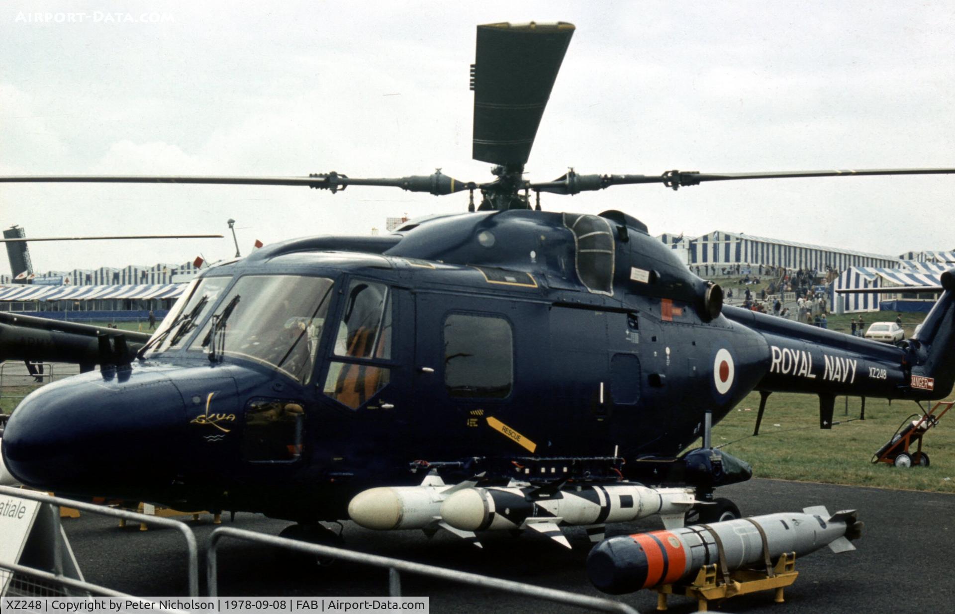 XZ248, 1978 Westland Lynx HAS.2 C/N 080, Lynx HAS.2 complete with 4 Skua missiles on display at the 1978 Farnborough Airshow.