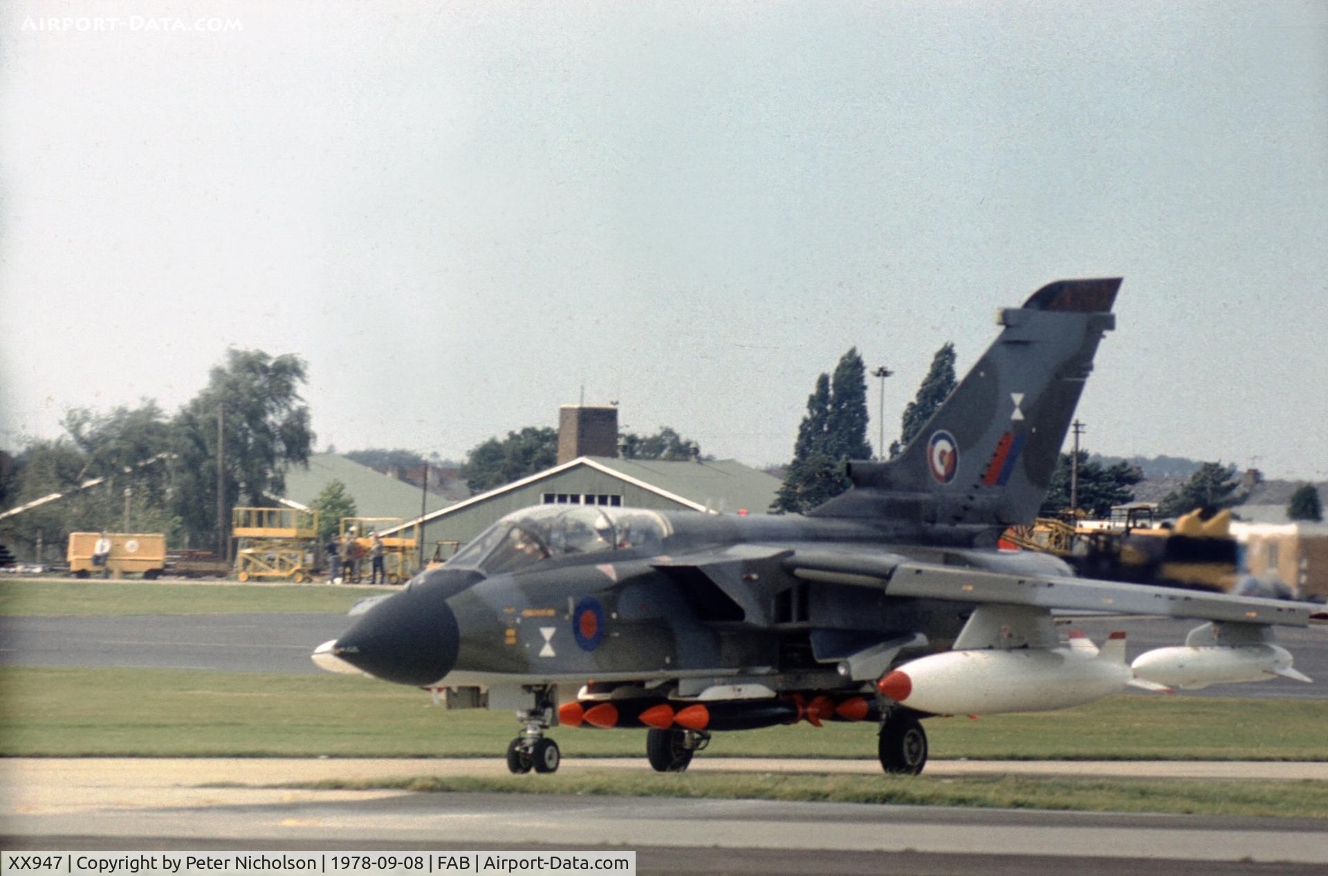 XX947, 1975 Panavia Tornado GR.1 C/N P.03, Tornado P.03 with 16000 lbs of stores displaying at the 1978 Farnborough Airshow.