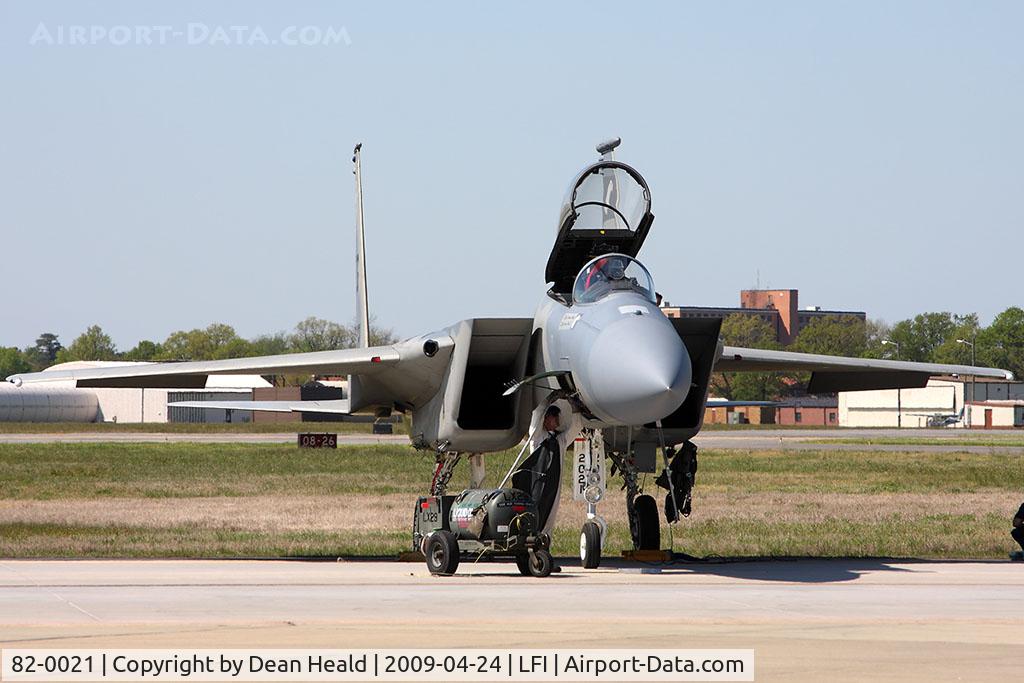 82-0021, 1982 McDonnell Douglas F-15C Eagle C/N 0835/C252, A maintenance crew member services the liquid oxygen system of one of the USAF West Coast Demo Team F-15C Eagles on the flight line at Langley AFB.