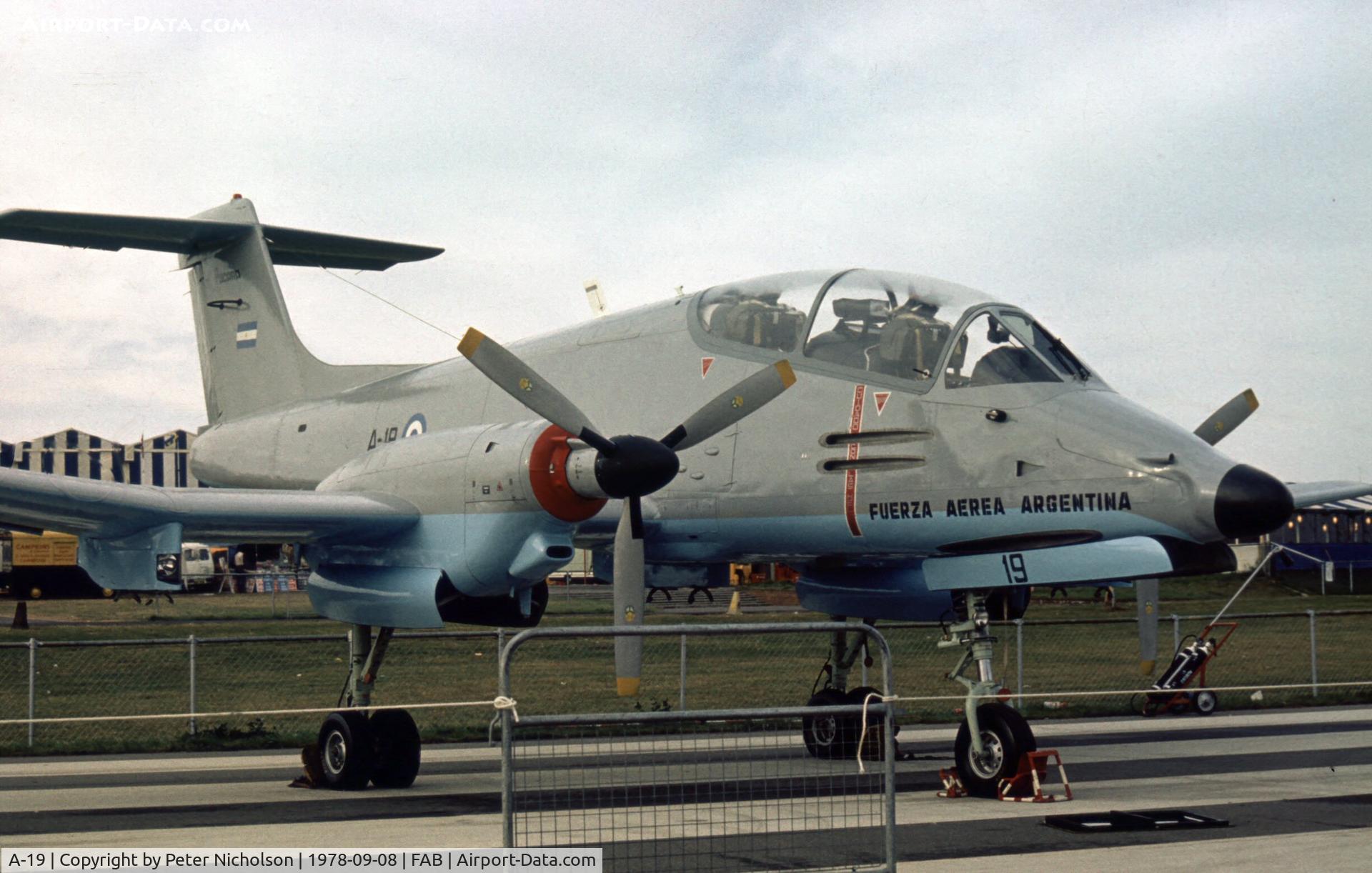 A-19, FMA IA-58A Pucará C/N 019, Pucara of Argentine Air Force on display at the 1978 Farnborough Airshow.