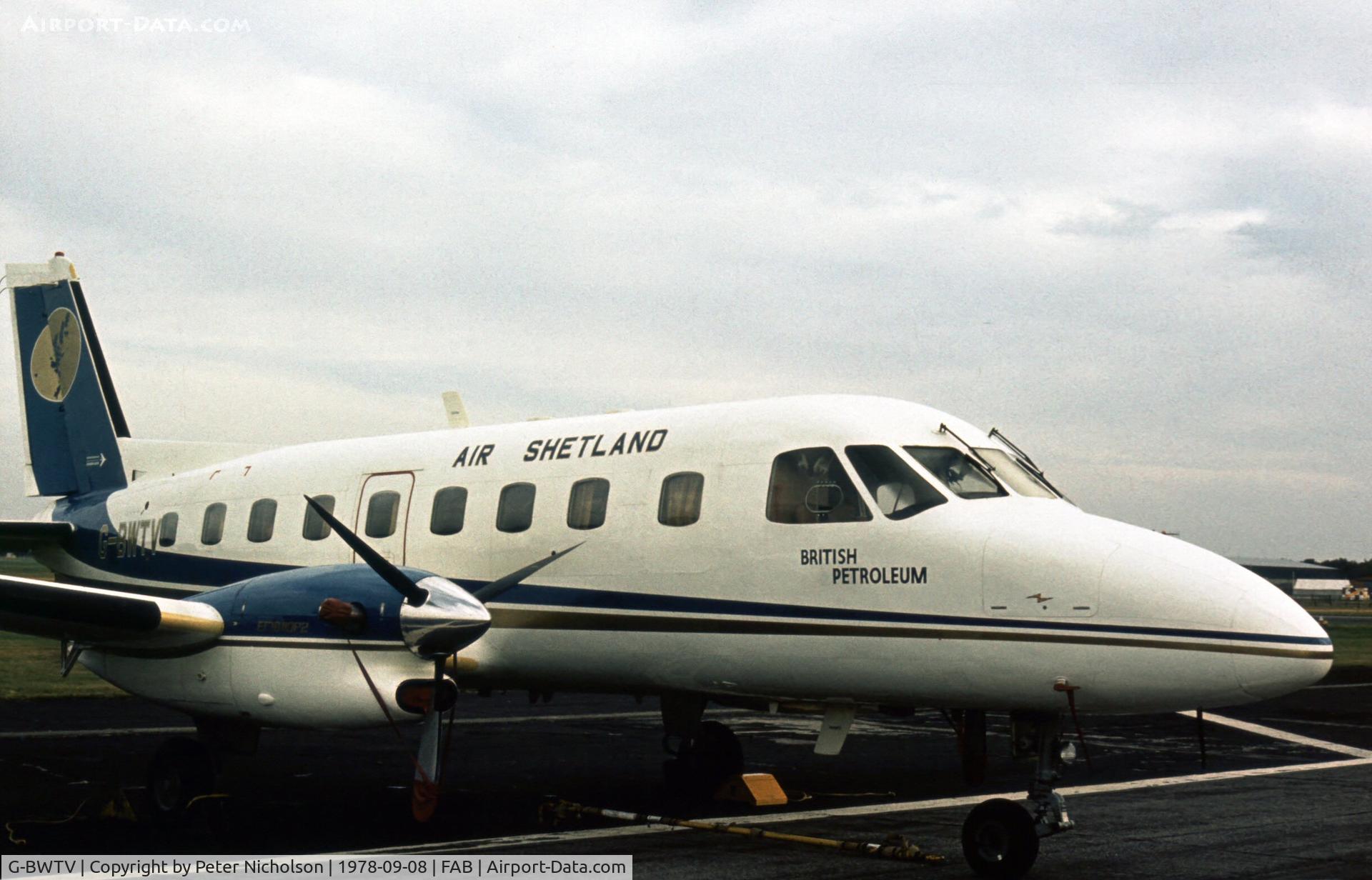 G-BWTV, 1977 Embraer EMB-110P2 Bandeirante C/N 110153, EMB-110 Bandeirante on display at the 1978 Farnborough Airshow.