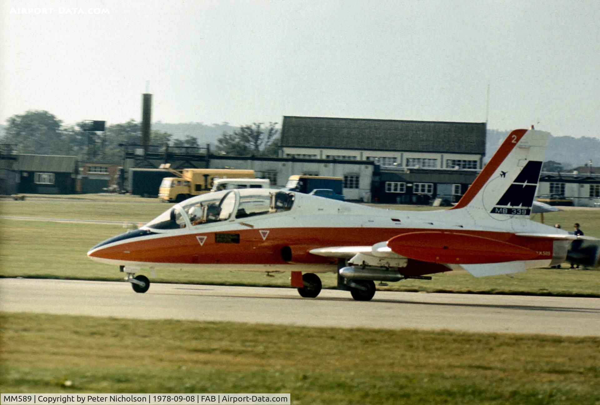 MM589, 1977 Aermacchi MB-339X C/N 6574/002, MB.339A with Italian Air Force serial MM589 on display at the 1978 Farnborough Airshow.
