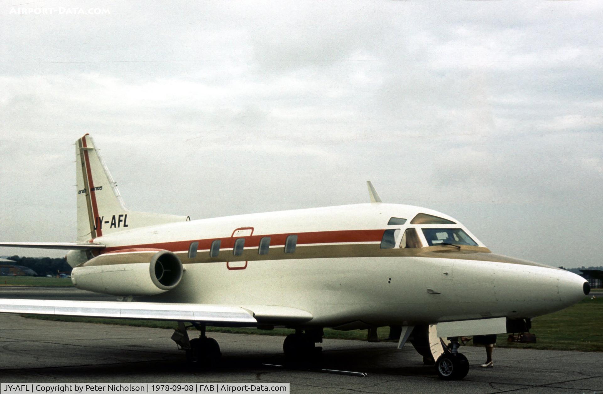 JY-AFL, North American Sabre 75A C/N 380-56, Sabreliner 75A of Arab Wings, a subsidiary of Alia Jordanian Airlines, on display at the 1978 Farnborough Airshow.