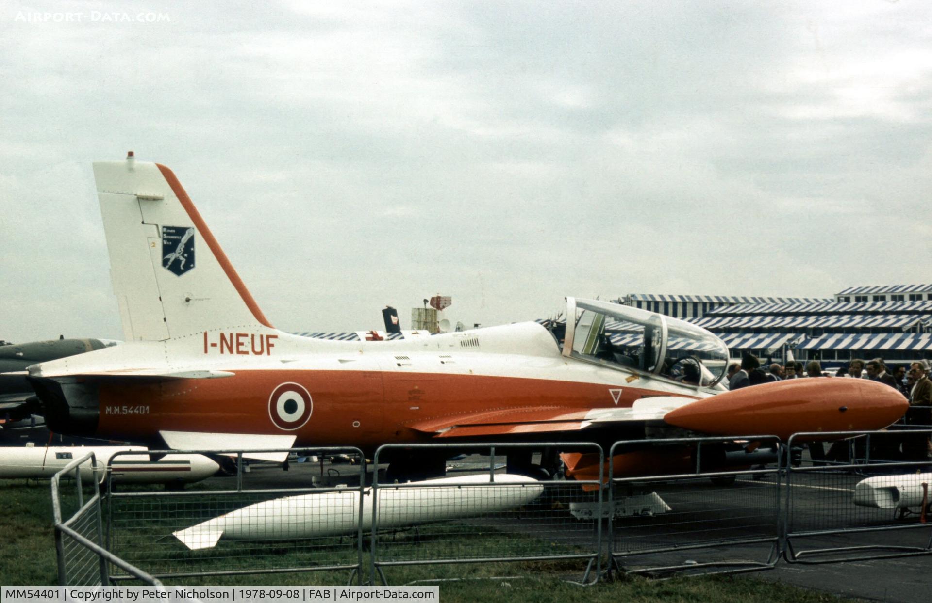 MM54401, 1978 Aermacchi MB-339A C/N 6597/004/AA001, Another view of the MB.339A for the Italian Air Force on display at the 1978 Farnborough Airshow.