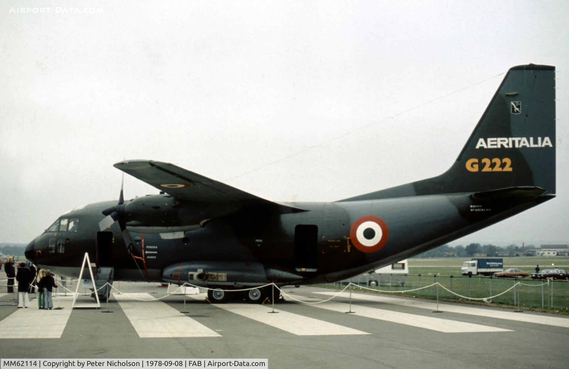 MM62114, Aeritalia G-222TCM C/N 4019, Aeritalia G.222 for the Italian Air Force on display at the 1978 Farnborough Airshow.