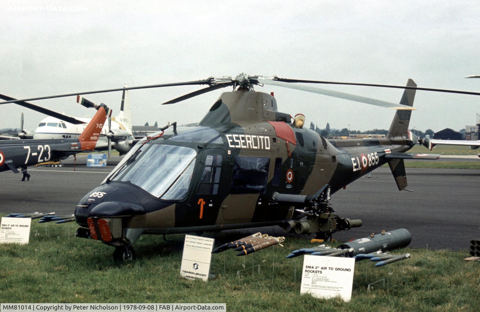 MM81014, 1978 Agusta A-109A Hirundo C/N 7118, A.109AT for the Italian Army on display at the 1978 Farnborough Airshow.