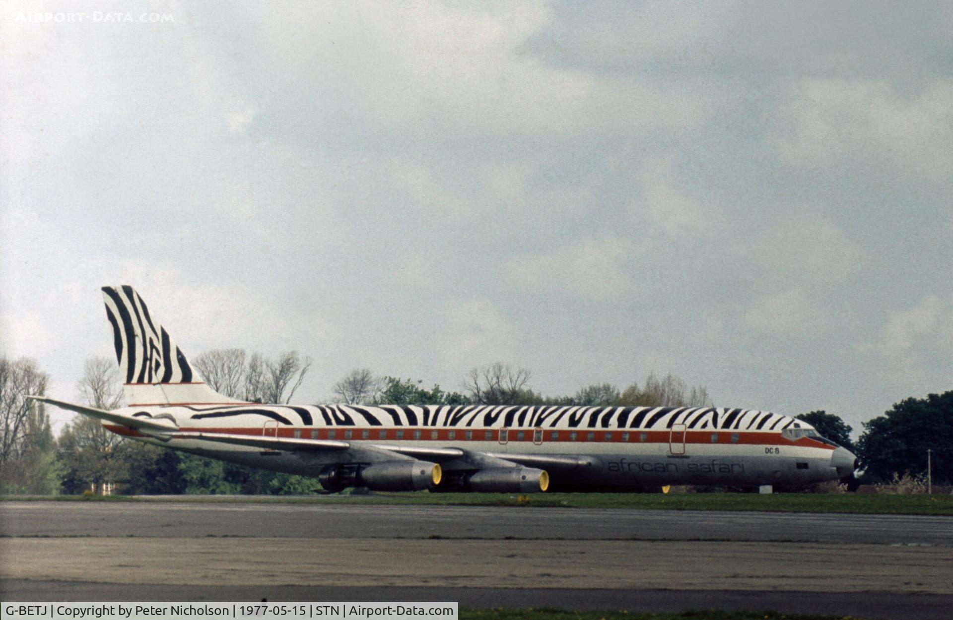 G-BETJ, 1960 Douglas DC-8-33 C/N 45379, DC-8-33 formerly 5Y-ASA of African Safari and acquired by Transmeridian Air Cargo seen at their Stansted base in May 1977.