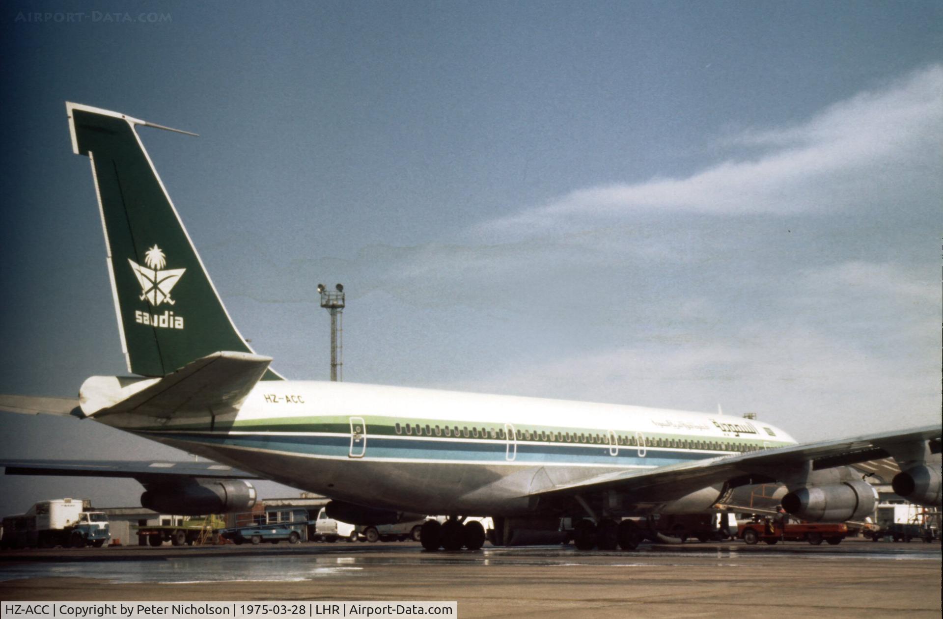 HZ-ACC, 1967 Boeing 707-368C C/N 19809, Saudia Airlines operated this Boeing 707-368C as seen at Heathrow in the Spring of 1975.