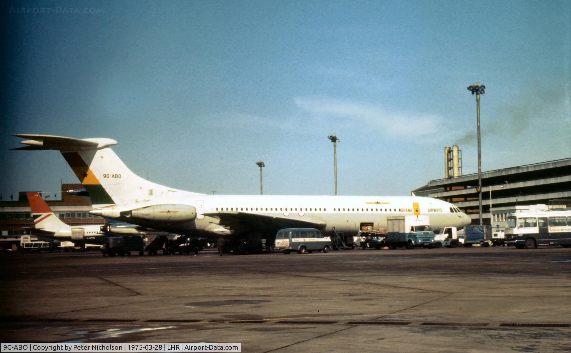 9G-ABO, 1964 Vickers VC10 Srs 1102 C/N 823, VC-10 operated by Ghana Airways seen at Heathrow in the Spring of 1975.