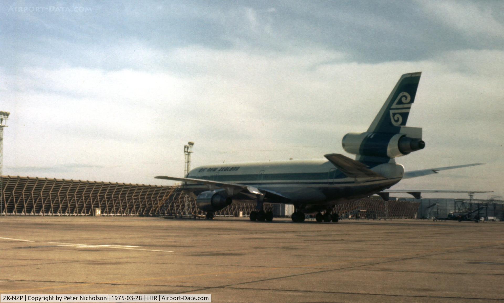 ZK-NZP, 1974 Douglas DC-10-30 C/N 46910, DC-10-30 of Air New Zealand seen at Heathrow in the Spring of 1975.  The aircraft was written off on Nov 28, 1979 when it crashed on Mt. Erebus in Antarctica during a sight-seeing trip.
