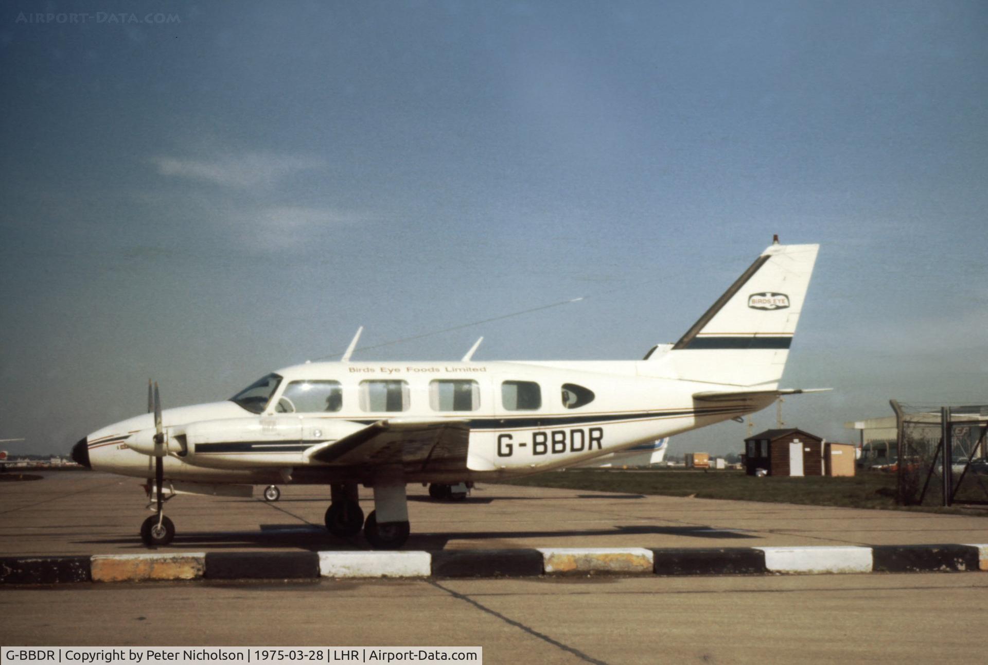 G-BBDR, 1967 Piper PA-31 Navajo C/N 31-0056, PA-31 Navajo of Birds Eye Foods Limited at Heathrow in the Spring of 1975.