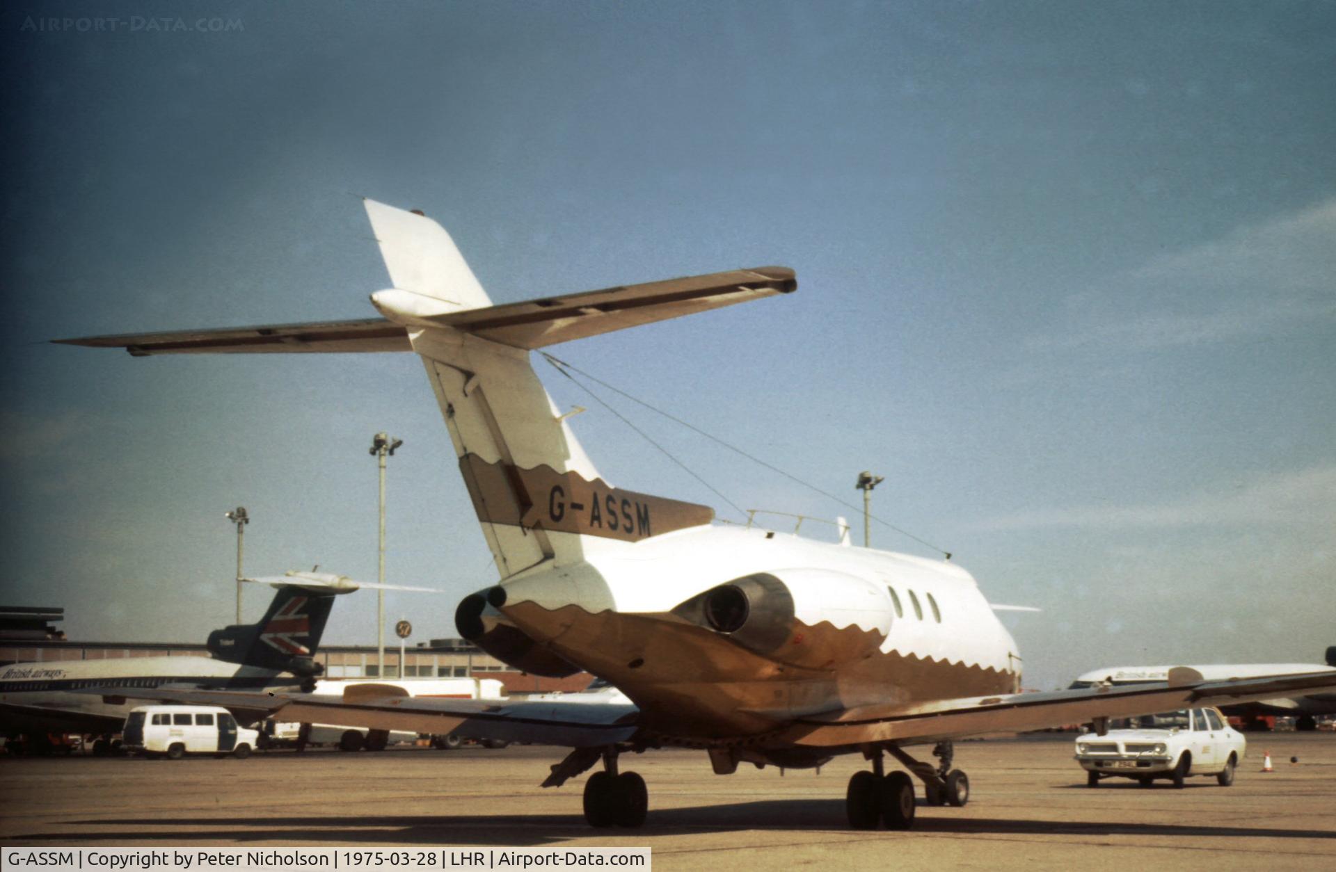 G-ASSM, 1965 Hawker Siddeley HS.125 Series 1 C/N 25010, HS.125 at London Heathrow in the Spring of 1975.