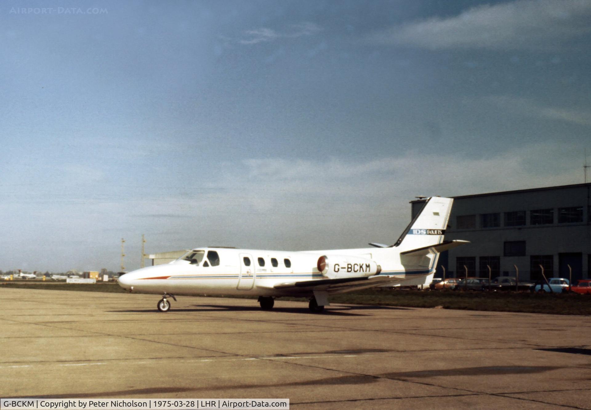 G-BCKM, 1974 Cessna 500 Citation C/N 500-0198, This Citation was parked at Heathrow in the Spring of 1975.
