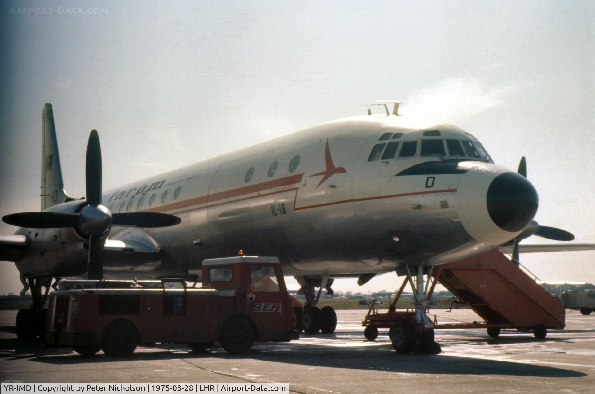 YR-IMD, 1962 Ilyushin IL-18V C/N 182004804, Ilyushin Il-18 of Tarom at Heathrow in the Spring of 1975.
