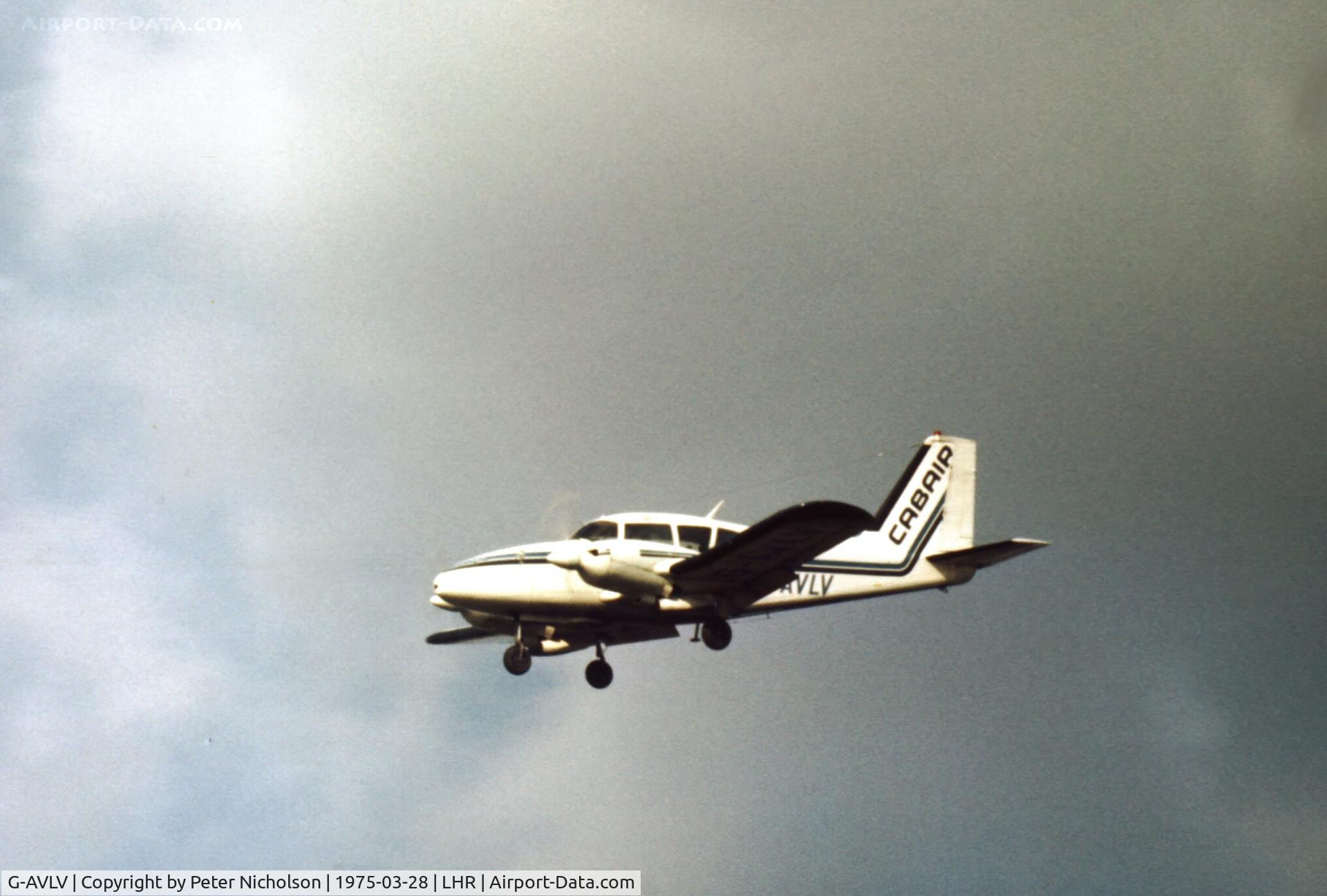 G-AVLV, 1967 Piper PA-23-250 Aztec C/N 27-3619, PA-23 Aztec 250 of Air Taxi Operator Cabair on final approach to Heathrow in the Spring of 1975.