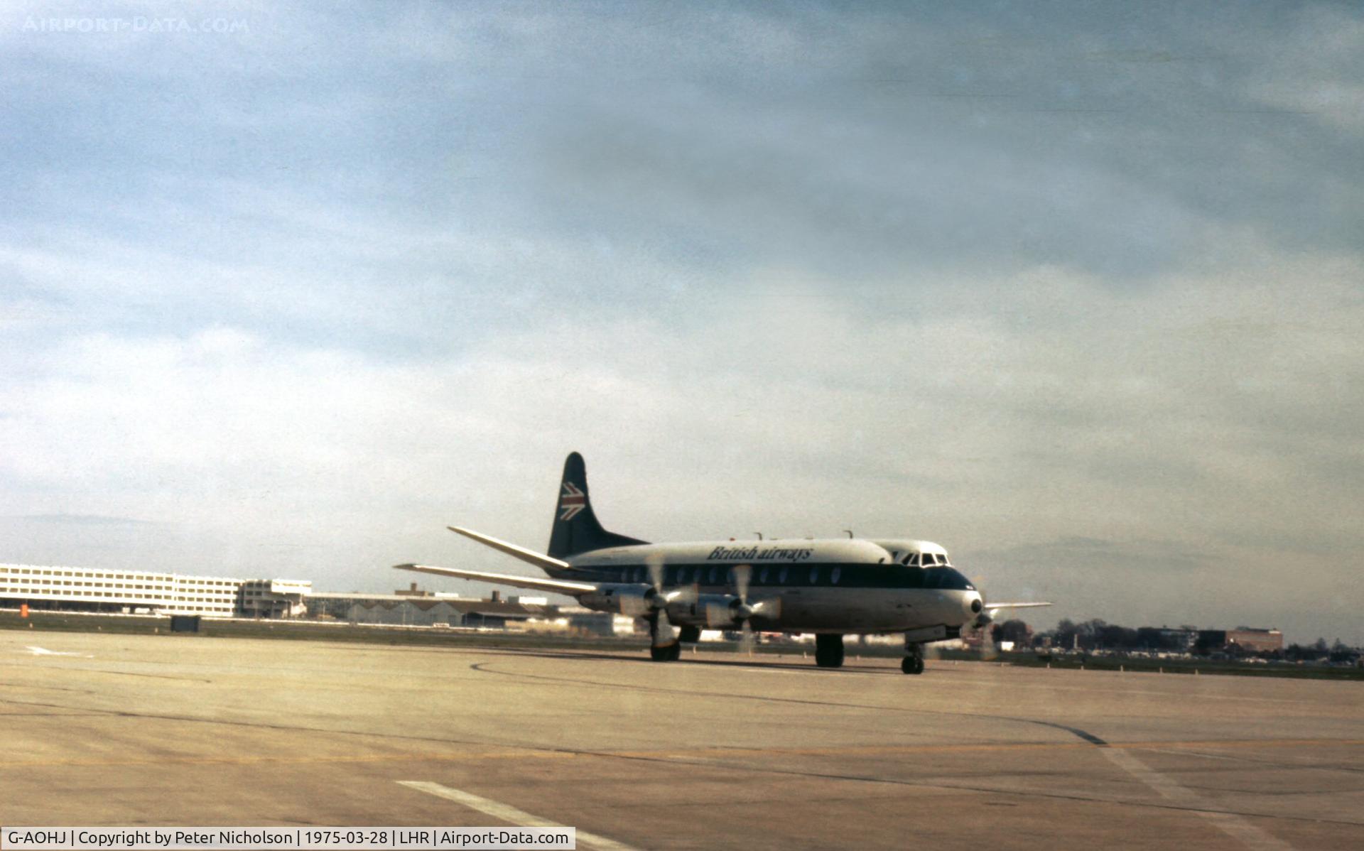 G-AOHJ, 1957 Vickers Viscount 802 C/N 159, Viscount 802 of British Airways taxying at Heathrow in the Spring of 1975.