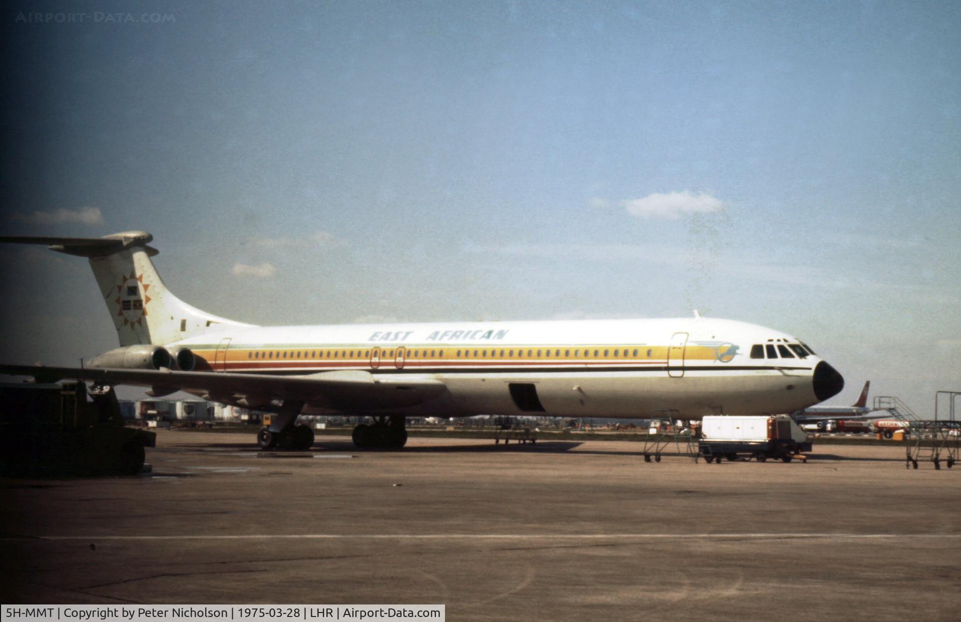 5H-MMT, 1966 Vickers Super VC10 Srs 1154 C/N 882, Super VC.10 of East African Airways at Heathrow in the Spring of 1975.
