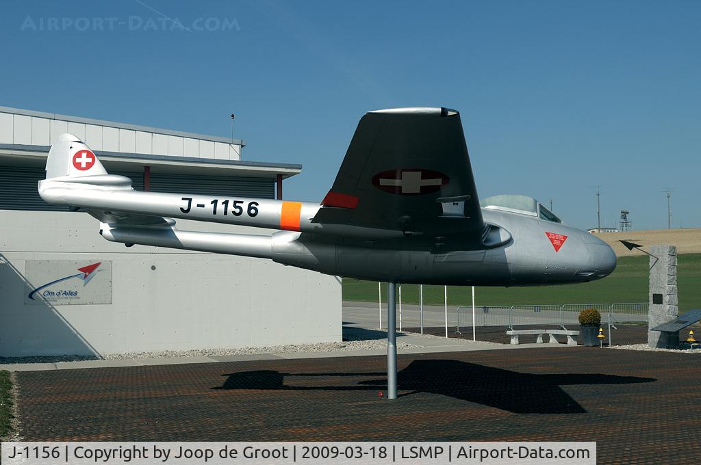J-1156, De Havilland (FFA) Vampire FB6 (DH-100) C/N 665, J-1156 is preserved outside the local air base museum. During 2005 the pointed nose was repleced by the original one.