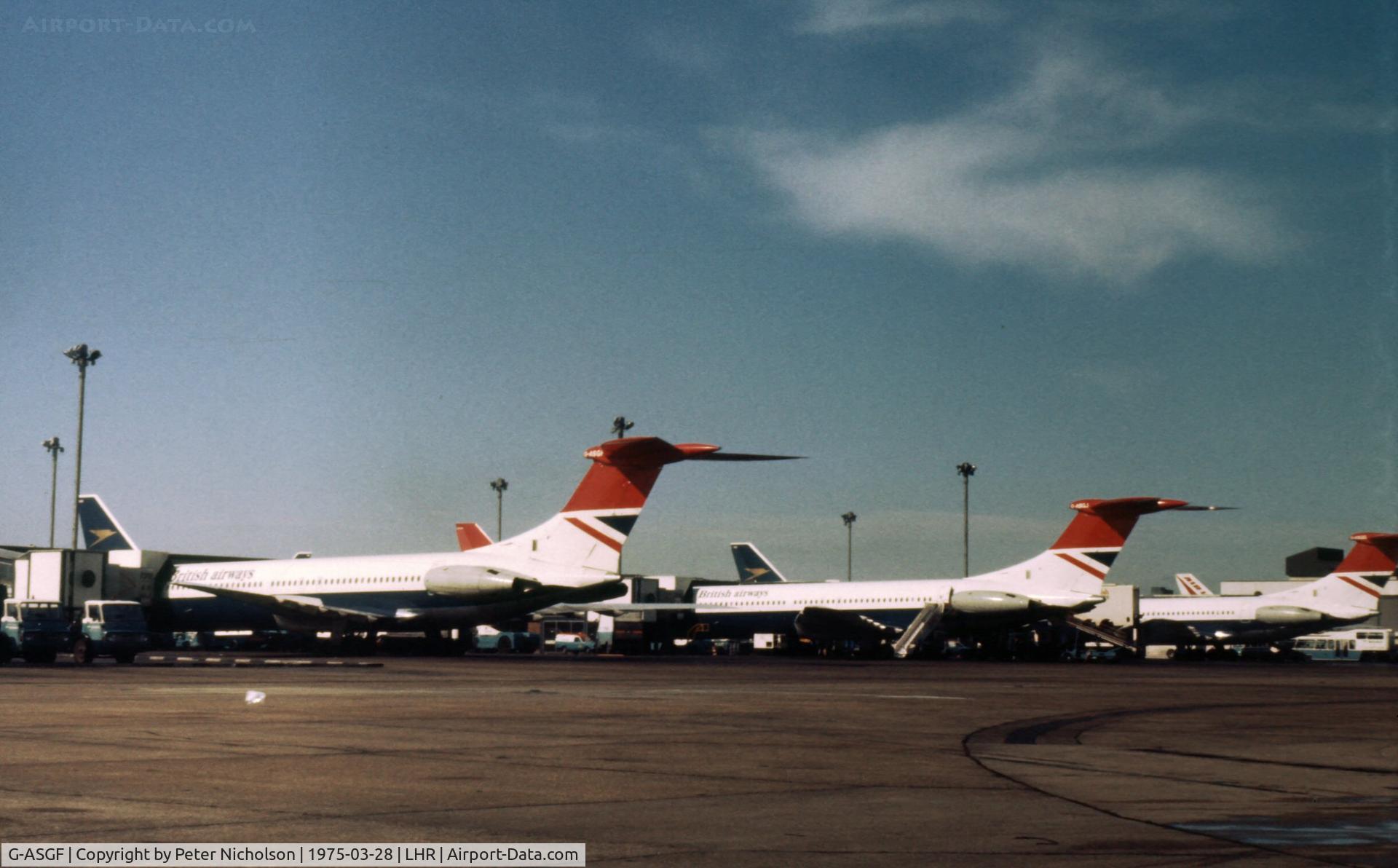 G-ASGF, 1965 Vickers Super VC10 Srs 1151 C/N 856, Super VC.10 of British Airways, together with G-ASGG and G-ASGJ, at Heathrow in the Spring of 1975.