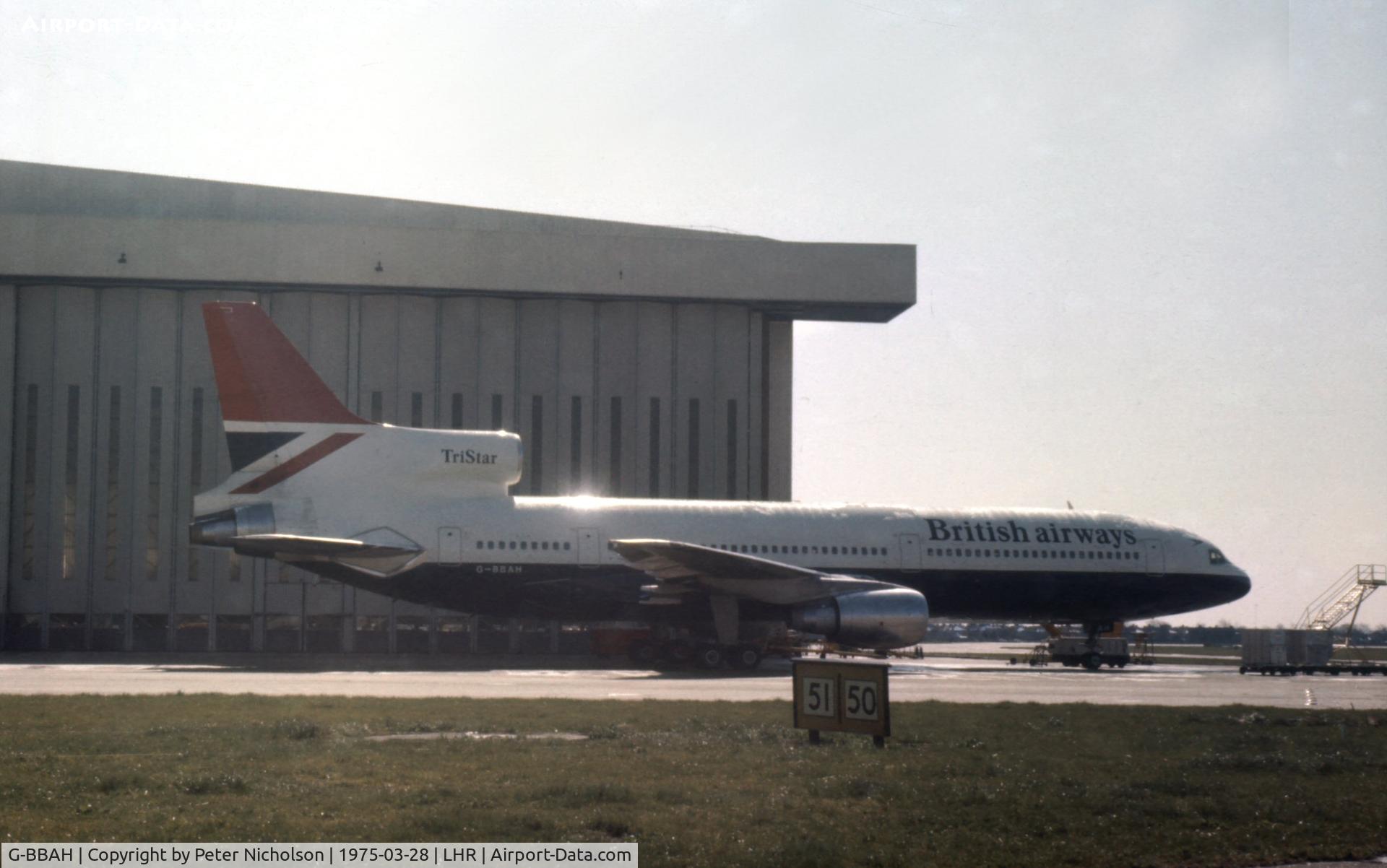 G-BBAH, 1974 Lockheed L-1011-385-1 TriStar 1 C/N 193E-1101, L1011-385 TriStar of British Airways at Heathrow in the Spring of 1975.