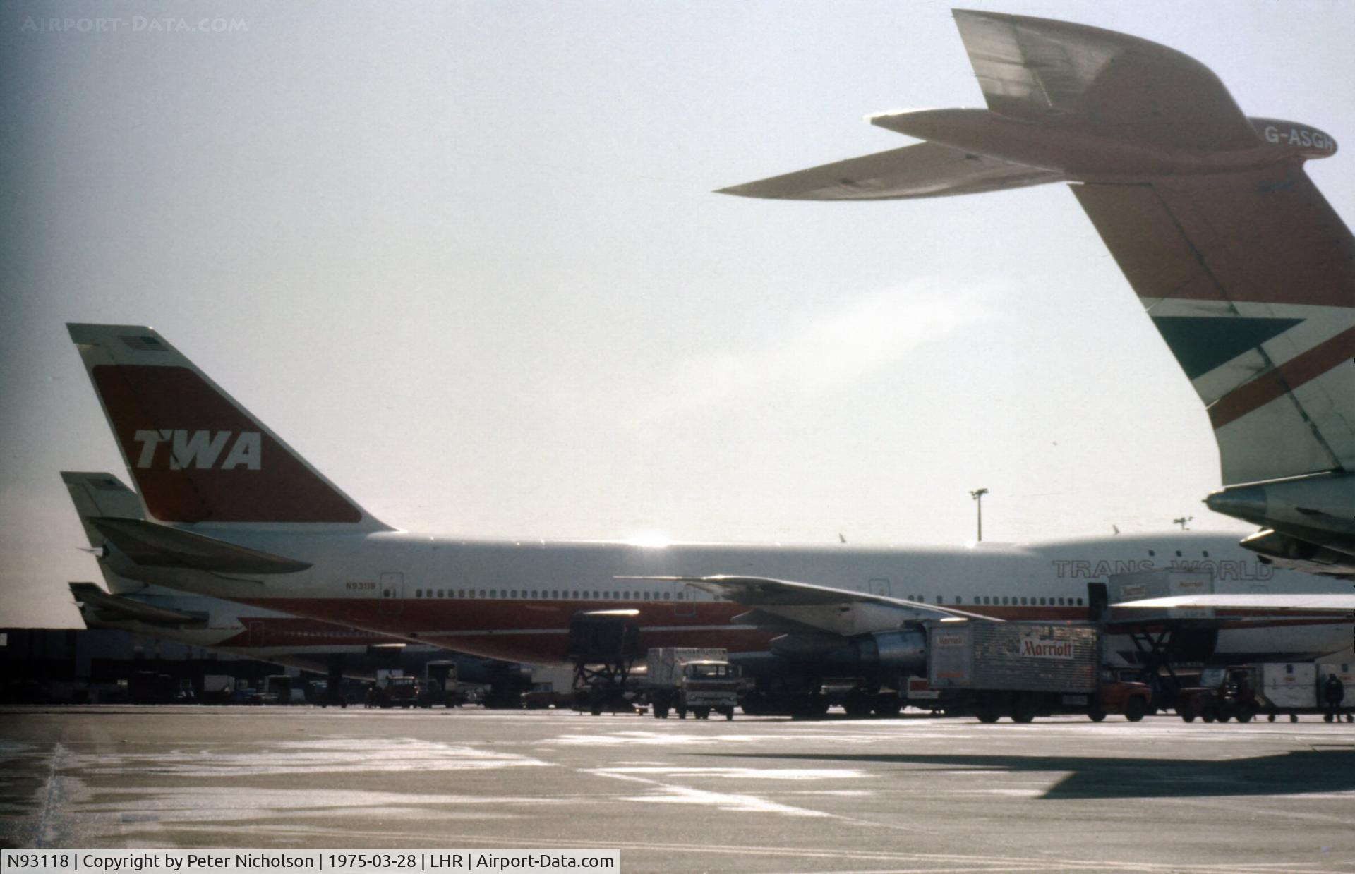 N93118, 1971 Boeing 747-131 C/N 20082, Boeing 747-131 of Trans-World Airlines at Heathrow in the Spring of 1975.