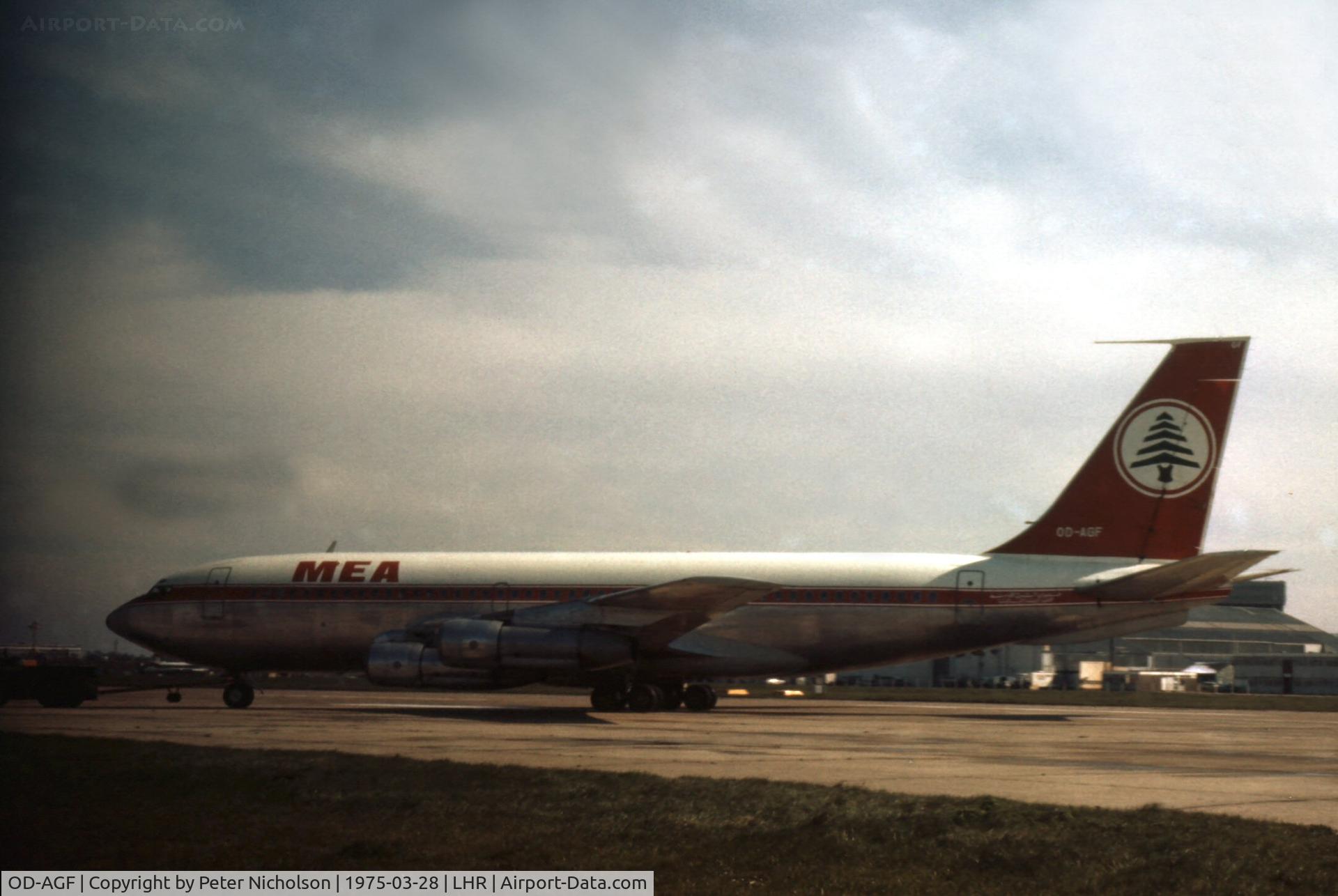 OD-AGF, 1965 Boeing 720-047B C/N 18830, Boeing 720-047B of Middle East Airlines of Lebanon at Heathrow in the Spring of 1975.