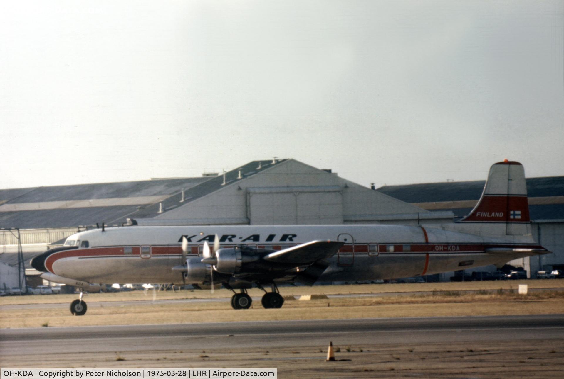 OH-KDA, 1957 Douglas DC-6B C/N 45202, DC-6B of Kar-Air preparing to depart Heathrow in the Spring of 1975.