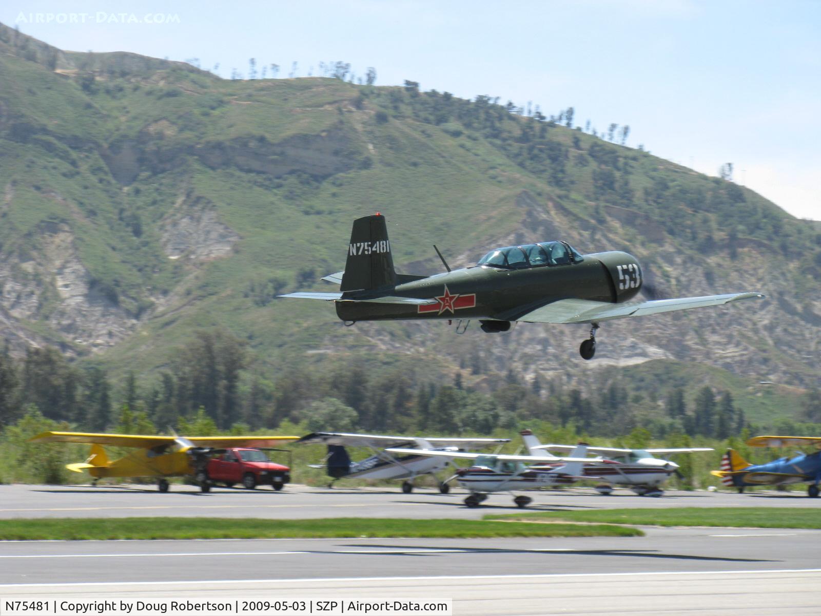 N75481, 1972 Nanchang CJ-6A C/N 2951272, 1972 Nanchang China CJ-6A, Huosai 6A 9 cylinder radial 285 Hp, takeoff climb Rwy 22, sucken' em up