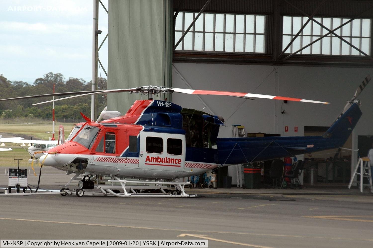 VH-NSP, Bell 412 C/N 33091, Bell 412 medevac helicopter at Bankstown, Sydney.