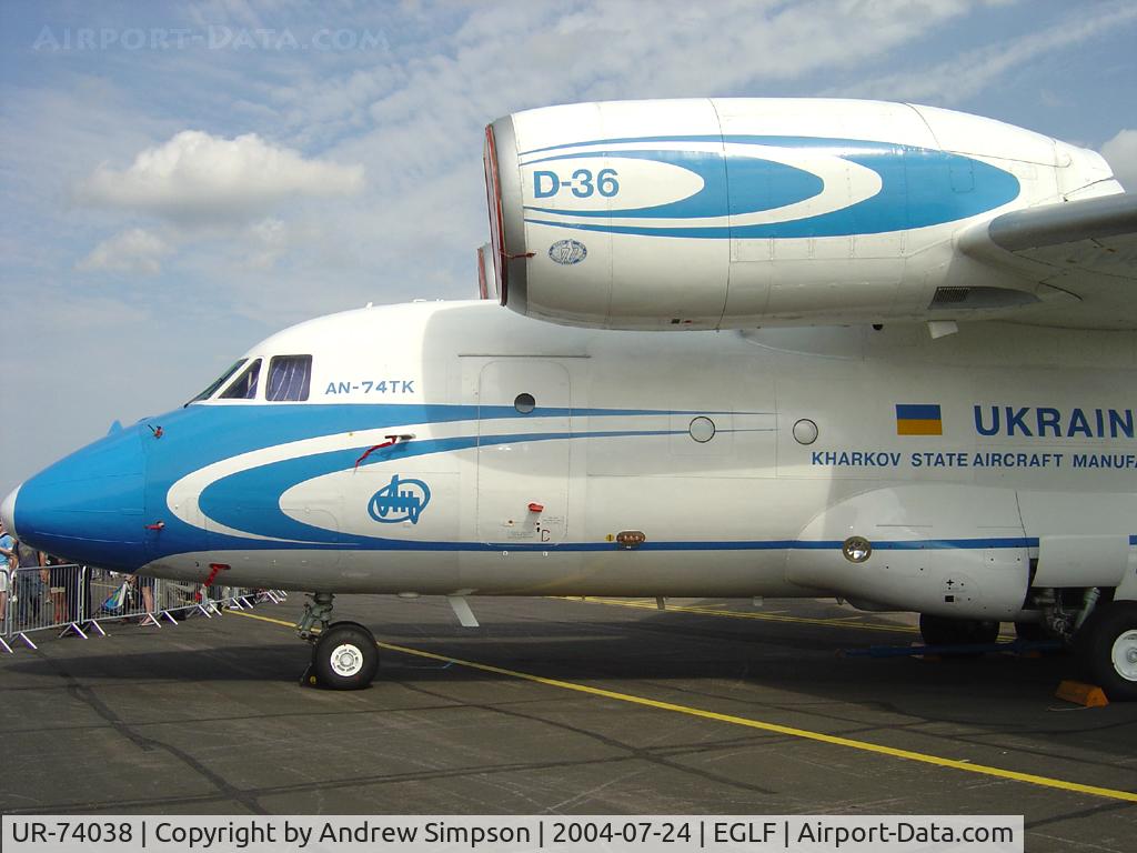 UR-74038, 1998 Antonov An-74TK-200 C/N 36547097933, Farnborough Airshow 2004.