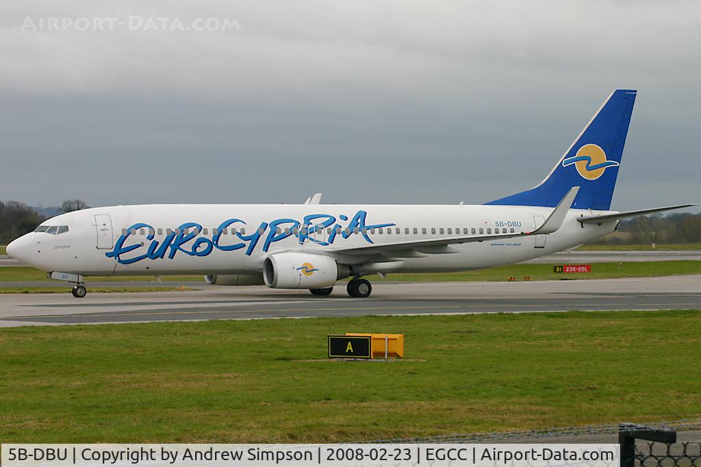 5B-DBU, 2003 Boeing 737-8Q8 C/N 32796, Taxiiing to stand at Manchester.