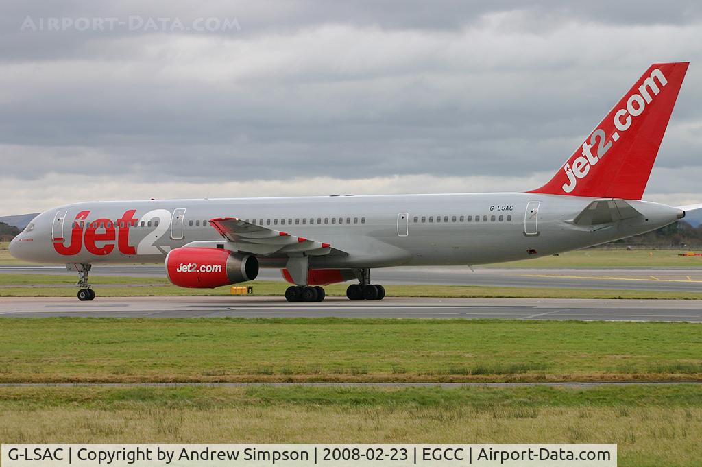 G-LSAC, 1992 Boeing 757-23A C/N 25488, Taxiiing to stand at Manchester.