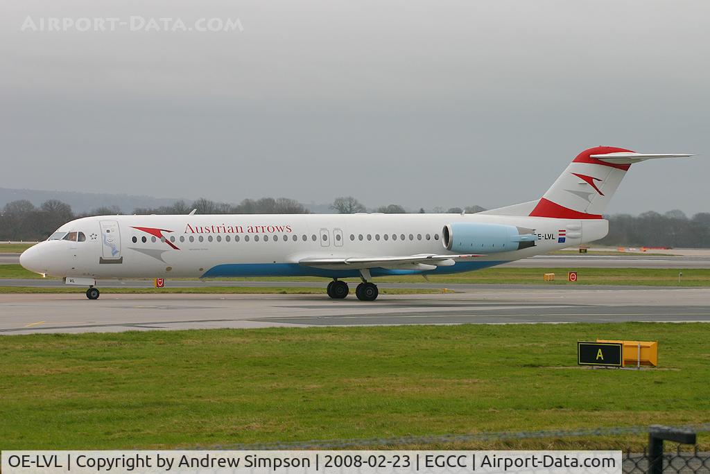 OE-LVL, 1992 Fokker 100 (F-28-0100) C/N 11404, Taxiiing to stand at Manchester.