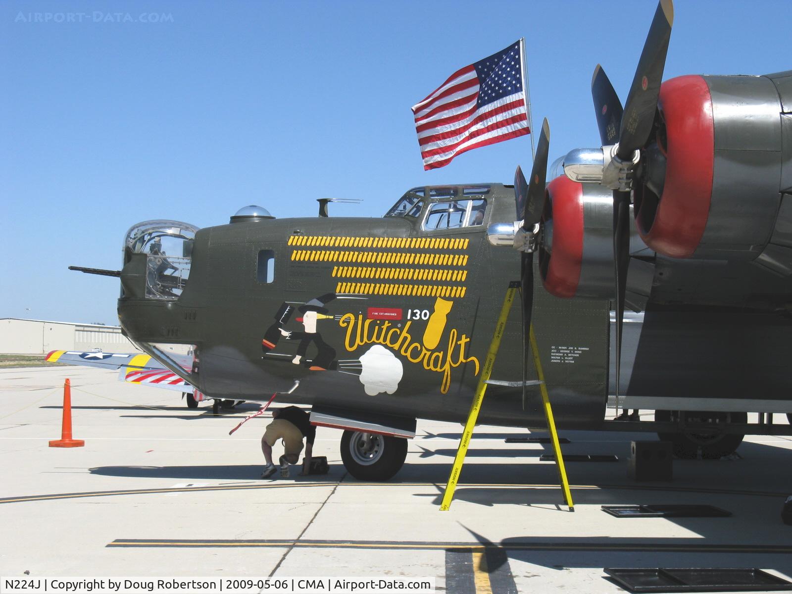 N224J, 1944 Consolidated B-24J-85-CF Liberator C/N 1347 (44-44052), 1944 Consolidated B-24J LIBERATOR 'Witchcraft', four turbocharged Pratt & Whitney R-1830-65 Twin Wasp 1,200 Hp each, nose art & war record. N224J is the only airworthy B-24 in the world flying on tour.