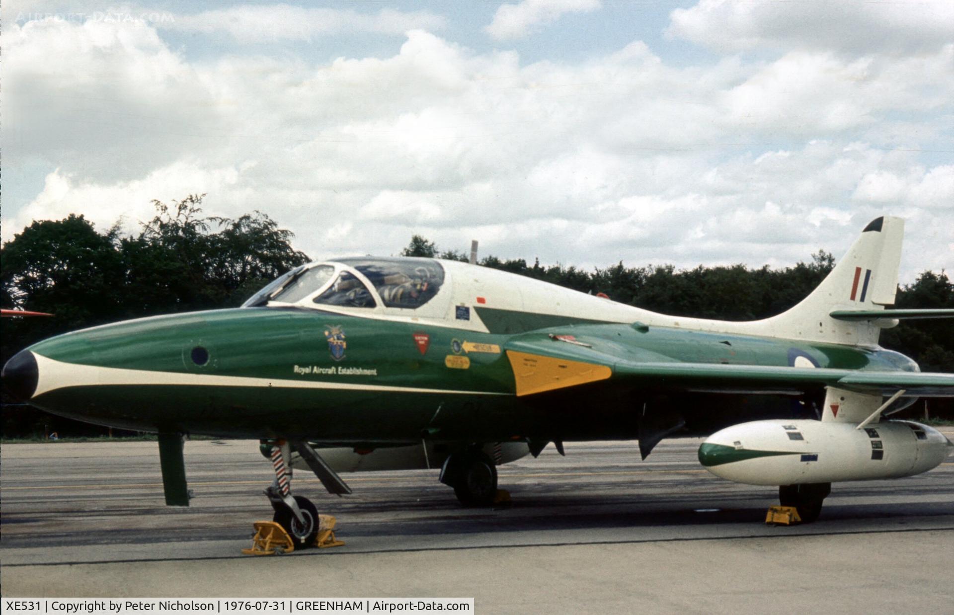 XE531, 1956 Hawker Hunter T.12 C/N 41H/679906, Hunter T.12 of the Royal Aircraft Establishment, Farnborough at the 1976 Intnl Air Tattoo at RAF Greenham Common.