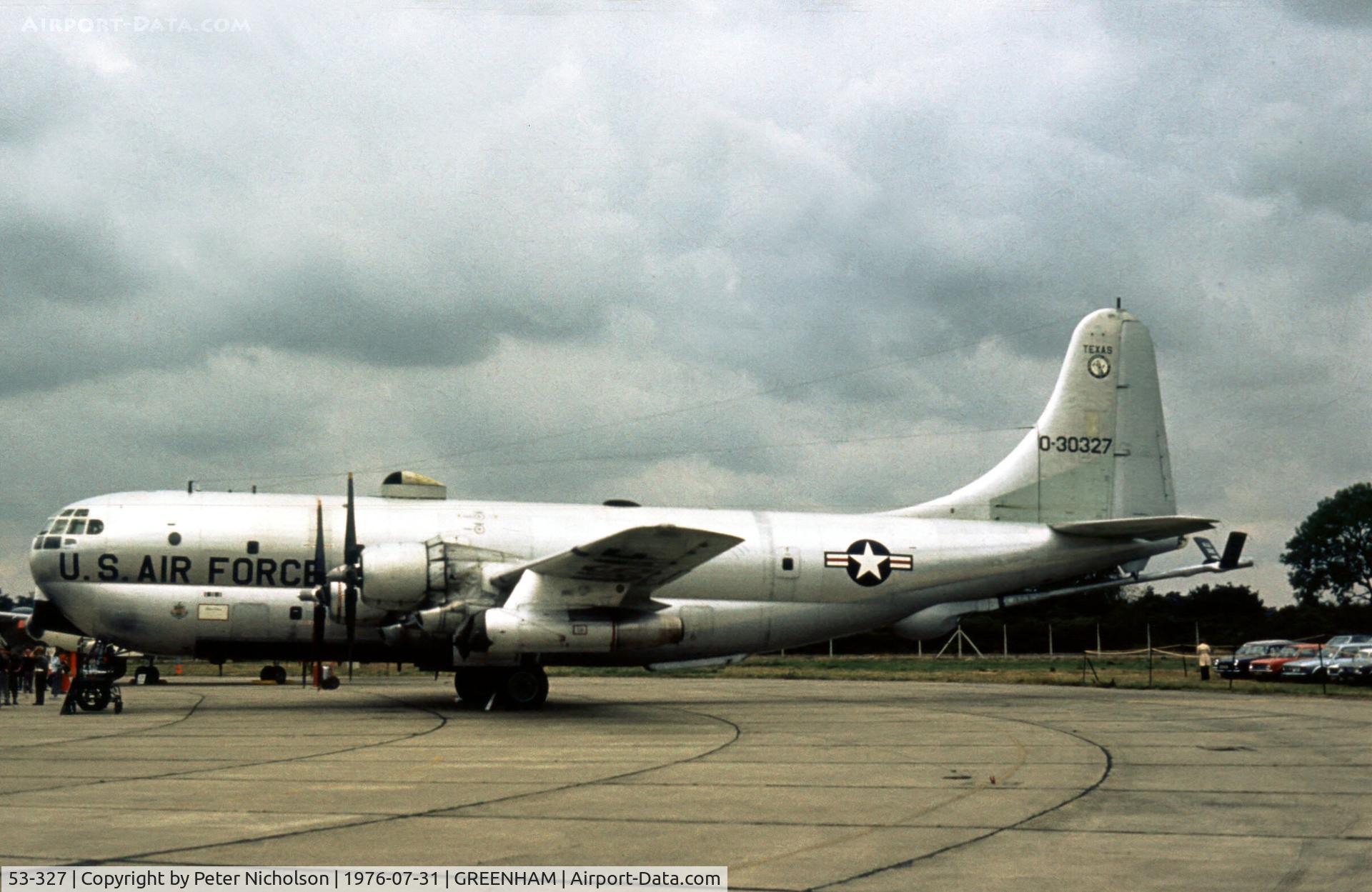 53-327, 1953 Boeing KC-97L Stratofreighter C/N 17109, KC-97L Stratocruiser of 181 Air Refuelling Squadron/136 Air Refuelling Group at the 1976 Intnl Air Tattoo at RAF Greenham Common.