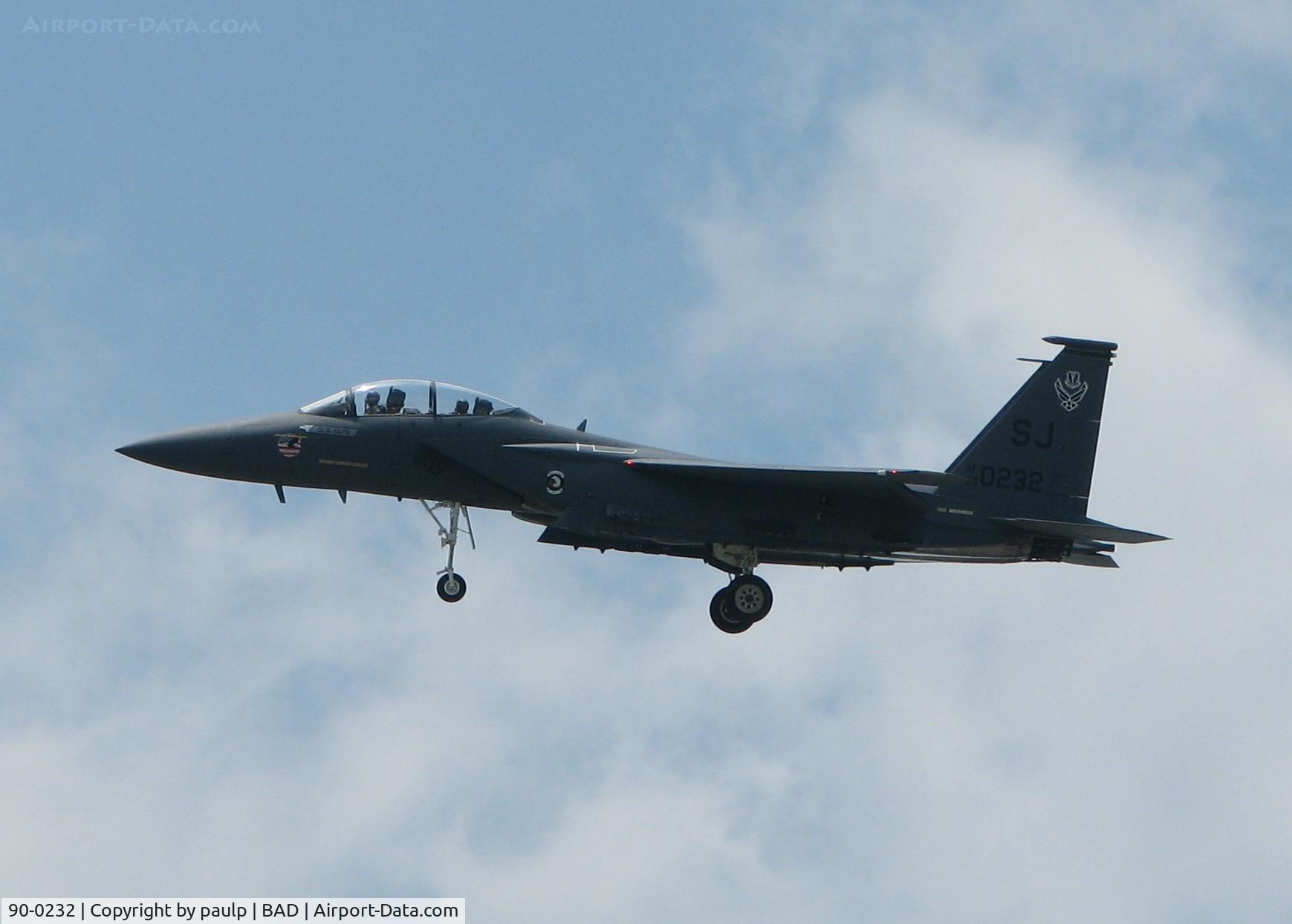 90-0232, 1990 McDonnell Douglas F-15E Strike Eagle C/N 1161/E134, Landing at Barksdale Air Force Base the day before the Defenders of Liberty Air Show. He did about a 15 minute warm up display the day before the show which is headlined by the Canadian Snowbirds and the Blue Angels.