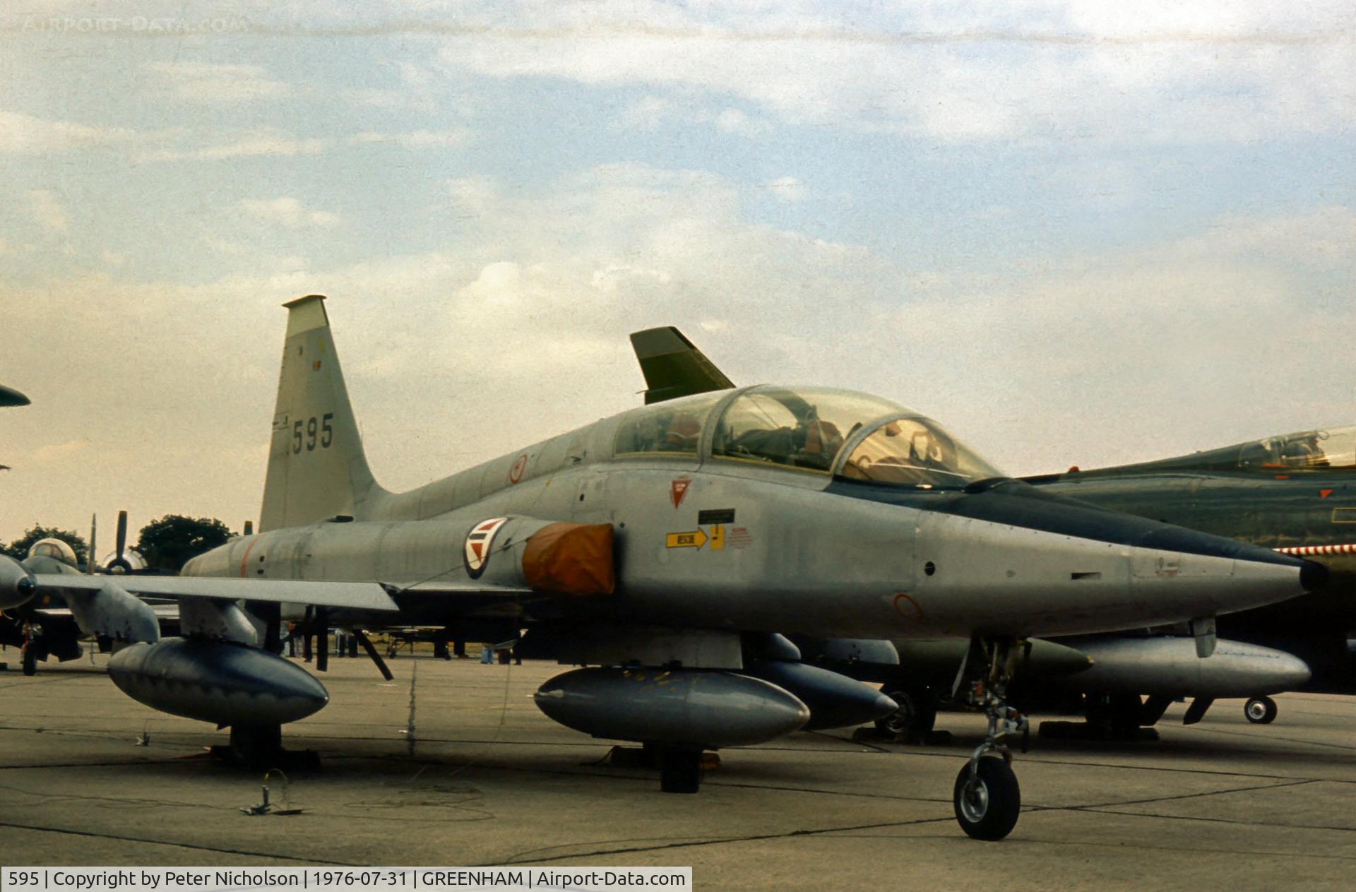 595, 1965 Northrop F-5B Freedom Fighter C/N N.9004, F-5B Freedom Fighter of 336 Skv Royal Norwegian Air Force on display at the 1976 Intnl Air Tattoo at RAF Greenham Common.