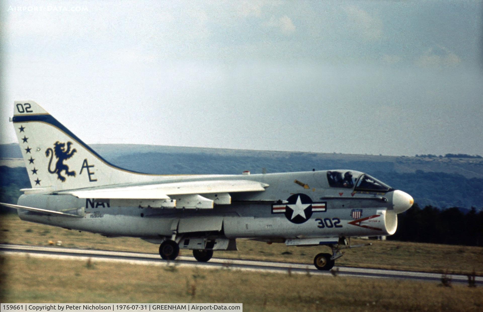 159661, LTV A-7E Corsair II C/N E-470, VA-15's A-7E Corsair landing after displaying at the 1976 Intnl Air Tattoo at RAF Greenham Common.