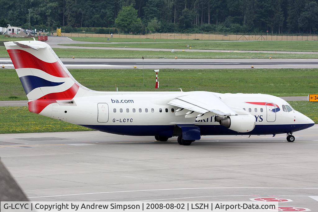 G-LCYC, 2001 BAE Systems Avro 146-RJ85 C/N E.2385, Departing Zurich.